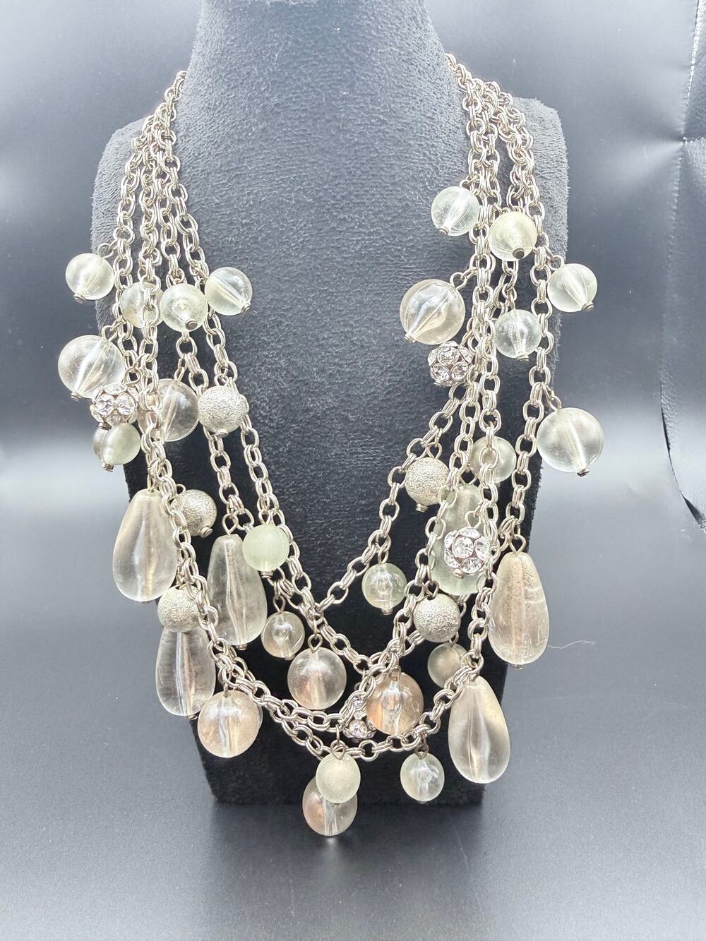 Vintage Necklace Four Strand Teardrop champagne Lucite beads rhinestone charms